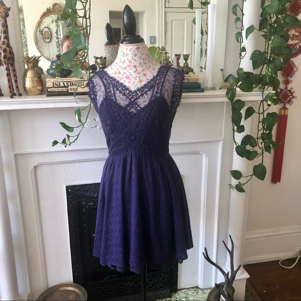 Free People Purple Lace and Mesh Cap Sleeve Fit and Flare Dress size 6